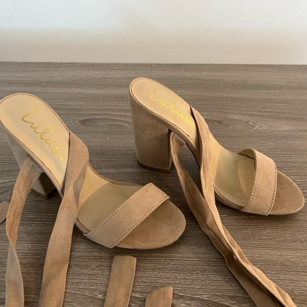 Lulu nude suede lace up heels. 3.75 inch block heel.